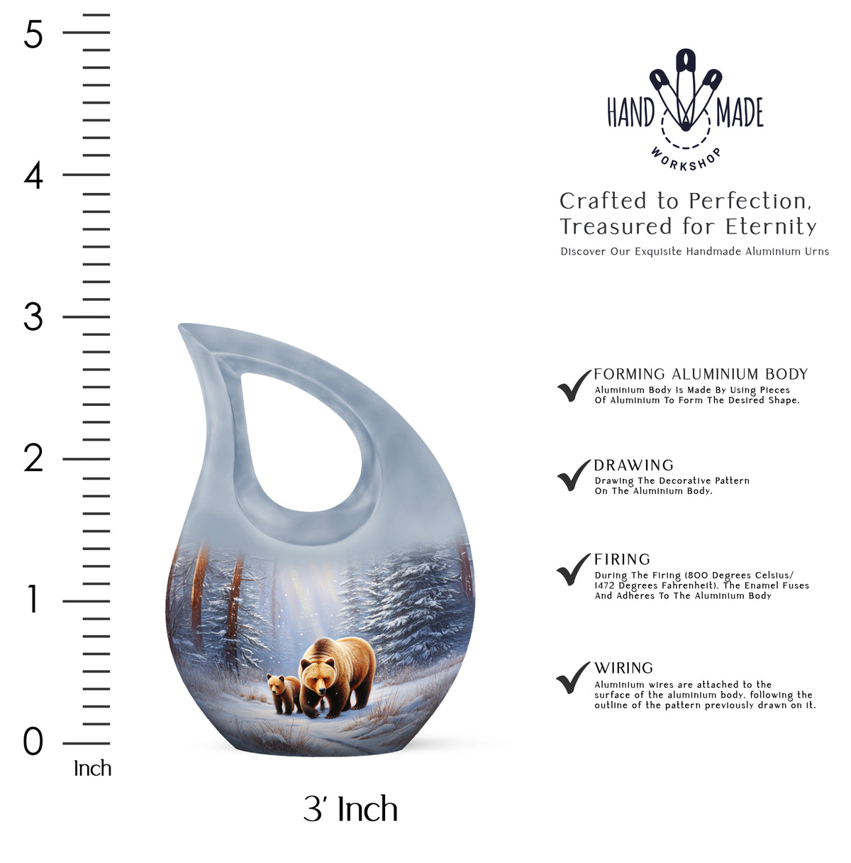 Frosted Silver Bear Cremation Urn back view with polished surface - devotional cross-drop bear engraving - mini keepsake memorial for portion of cremation ashes