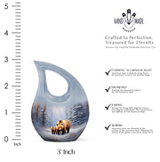 Frosted Silver Bear Cremation Urn back view with polished surface - devotional cross-drop bear engraving - mini keepsake memorial for portion of cremation ashes