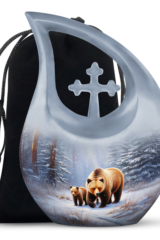 Frosted Silver Bear Cremation Urn top-down view of secure threaded lid - devotional cross-drop bear engraving - full-size 10 inch 200 cubic inch adult cremation urn