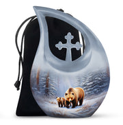 Frosted Silver Bear Cremation Urn top-down view of secure threaded lid - devotional cross-drop bear engraving - full-size 10 inch 200 cubic inch adult cremation urn
