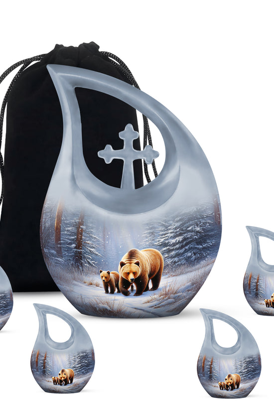 Polished Silver Bear Cremation Urn urn with complimentary velvet bag - faith-inspired cross-drop urn with bear pattern - memorial set with one large and four small urns