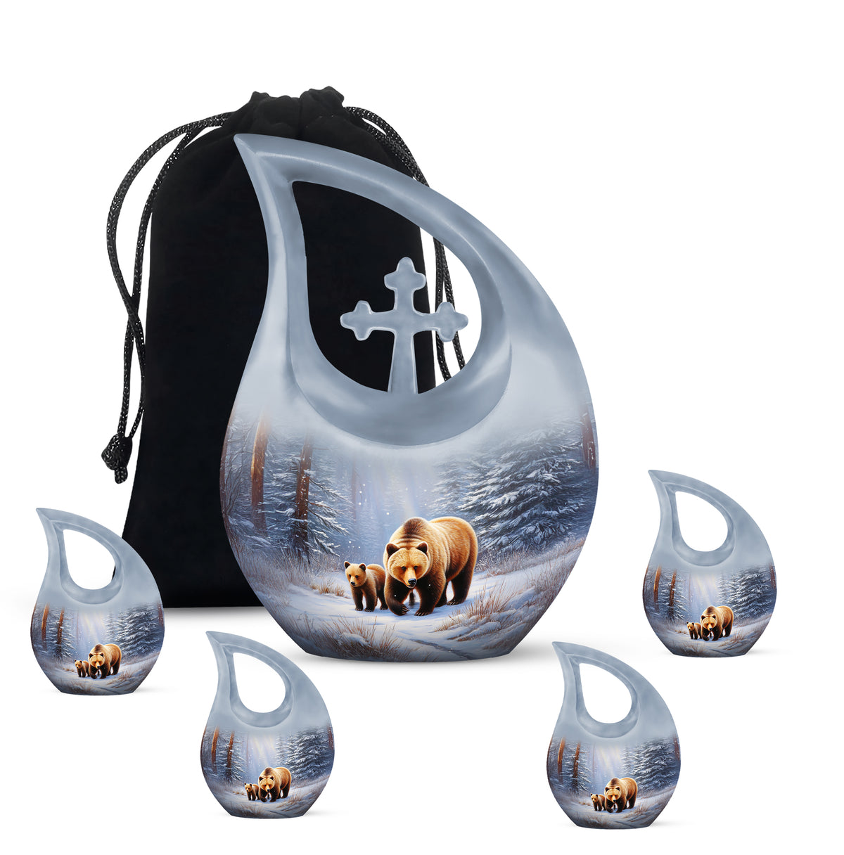 Polished Silver Bear Cremation Urn urn with complimentary velvet bag - faith-inspired cross-drop urn with bear pattern - memorial set with one large and four small urns