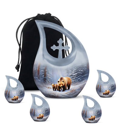 Polished Silver Bear Cremation Urn urn with complimentary velvet bag - faith-inspired cross-drop urn with bear pattern - memorial set with one large and four small urns