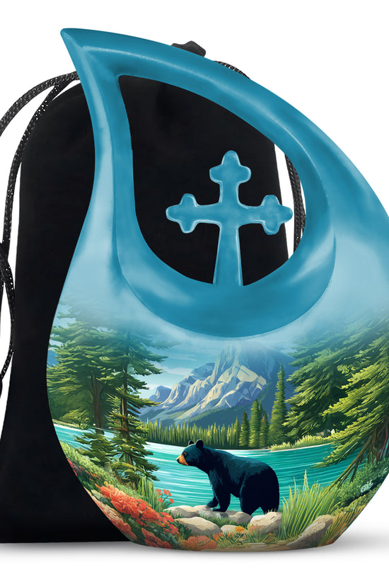 Navy Blue Bear Cremation Urn top-down view of secure threaded lid - cross and bear combined in spiritual memorial design - full-size 10 inch 200 cubic inch adult cremation urn