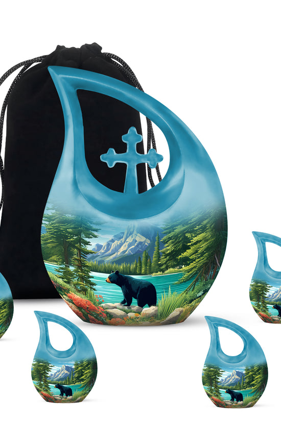 Indigo Bear Cremation Urn urn with complimentary velvet bag - cross and bear combined in spiritual memorial design - memorial set with one large and four small urns