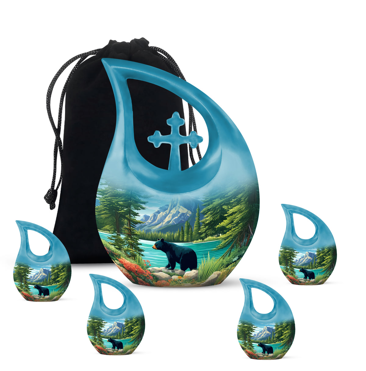 Indigo Bear Cremation Urn urn with complimentary velvet bag - cross and bear combined in spiritual memorial design - memorial set with one large and four small urns