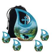 Indigo Bear Cremation Urn urn with complimentary velvet bag - cross and bear combined in spiritual memorial design - memorial set with one large and four small urns