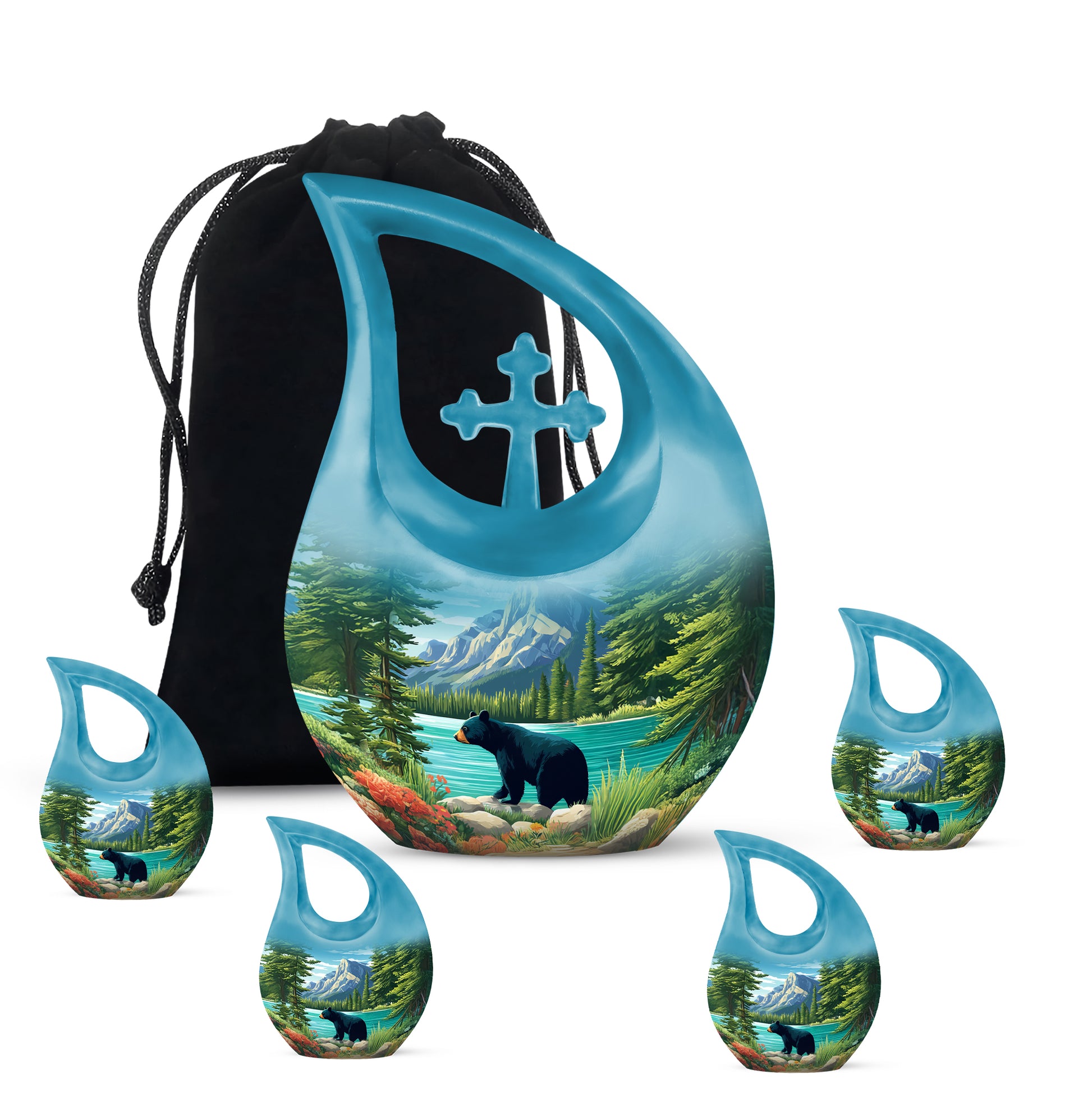 Indigo Bear Cremation Urn urn with complimentary velvet bag - cross and bear combined in spiritual memorial design - memorial set with one large and four small urns