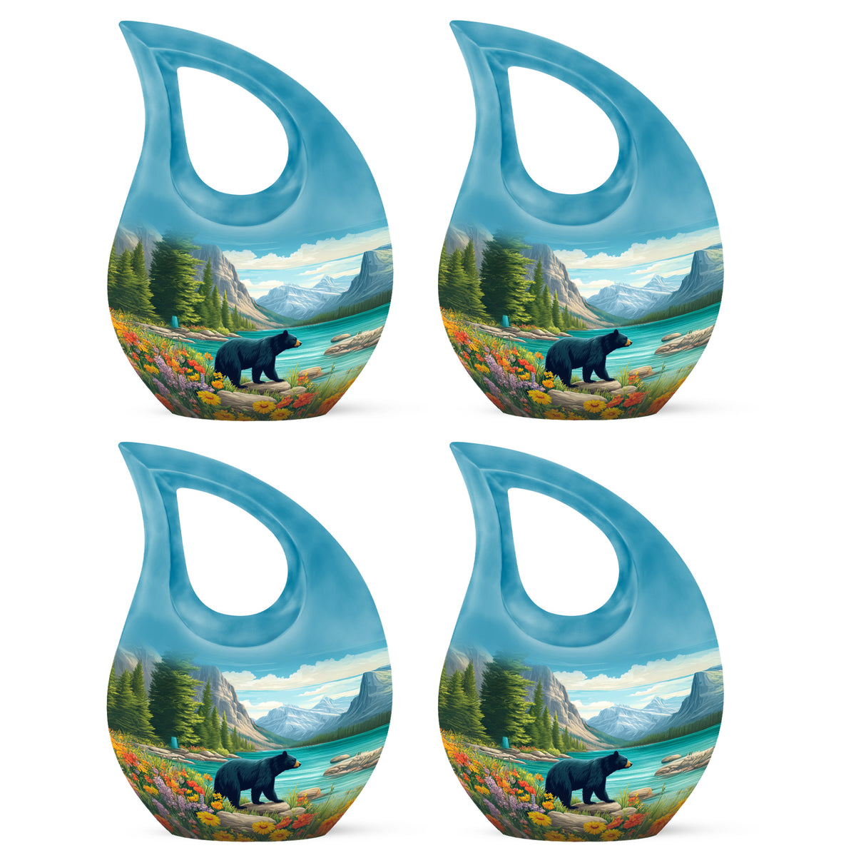 Sea Green Teal Bear Cremation Urn lifestyle display on memorial shelf - cross and bear combined in spiritual memorial design - 10 inch aluminum urn for cremated remains