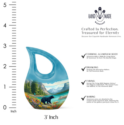 Jewel Teal Bear Cremation Urn back view with polished surface - sacred cross merged with bear motif on metal - mini keepsake memorial for portion of cremation ashes