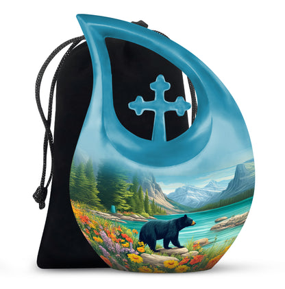 Cool Teal Bear Cremation Urn top-down view of secure threaded lid - cross and bear combined in spiritual memorial design - full-size 10 inch 200 cubic inch adult cremation urn