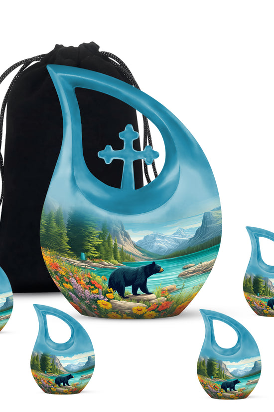 Mystic Teal Bear Cremation Urn urn with complimentary velvet bag - faith-inspired cross-drop urn with bear pattern - memorial set with one large and four small urns