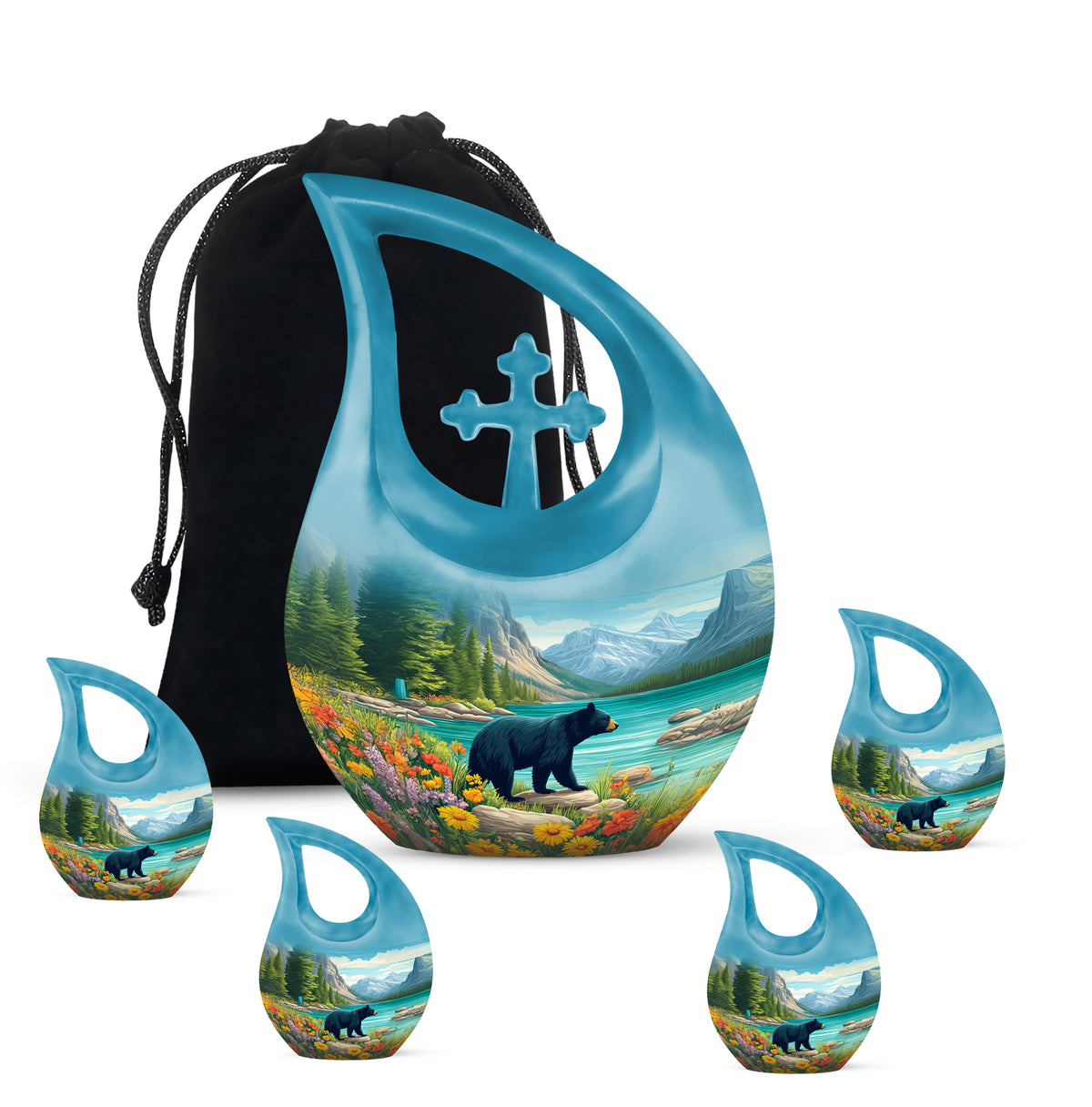 Mystic Teal Bear Cremation Urn urn with complimentary velvet bag - faith-inspired cross-drop urn with bear pattern - memorial set with one large and four small urns
