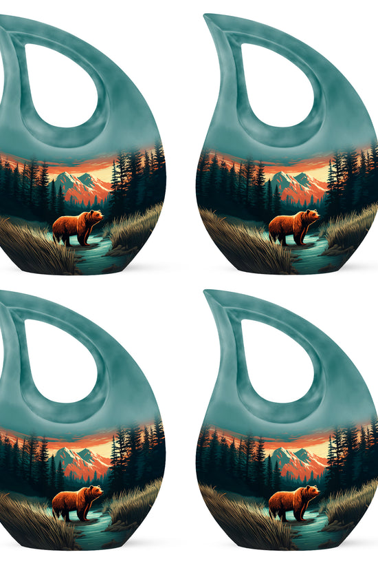 Aqua Teal Bear Cremation Urn lifestyle display on memorial shelf - faith-inspired cross-drop urn with bear pattern - 10 inch aluminum urn for cremated remains