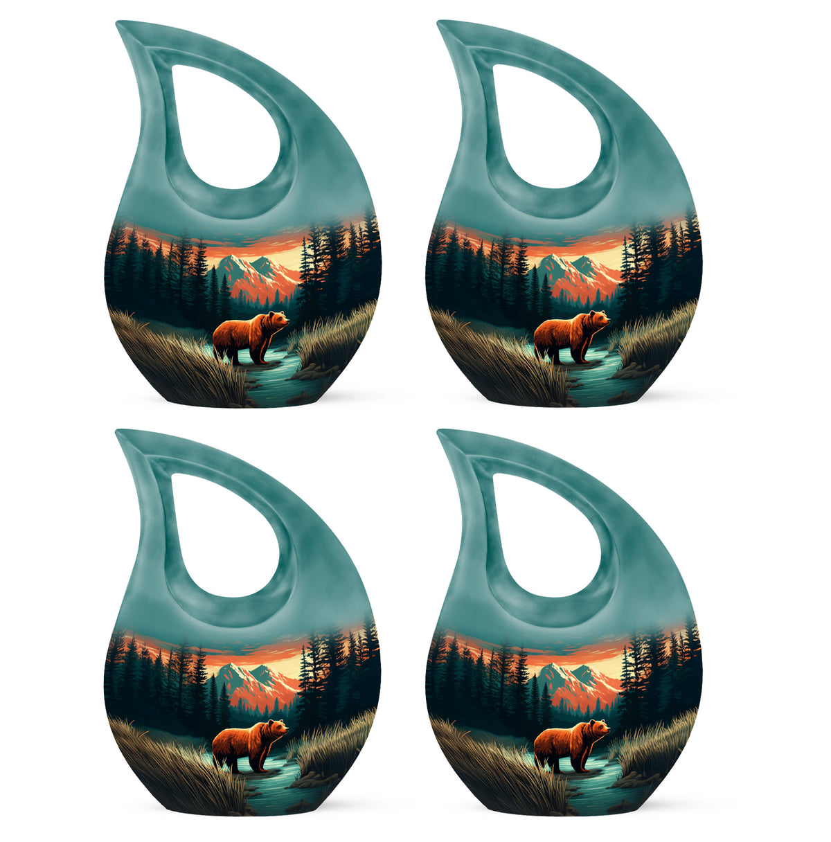 Aqua Teal Bear Cremation Urn lifestyle display on memorial shelf - faith-inspired cross-drop urn with bear pattern - 10 inch aluminum urn for cremated remains