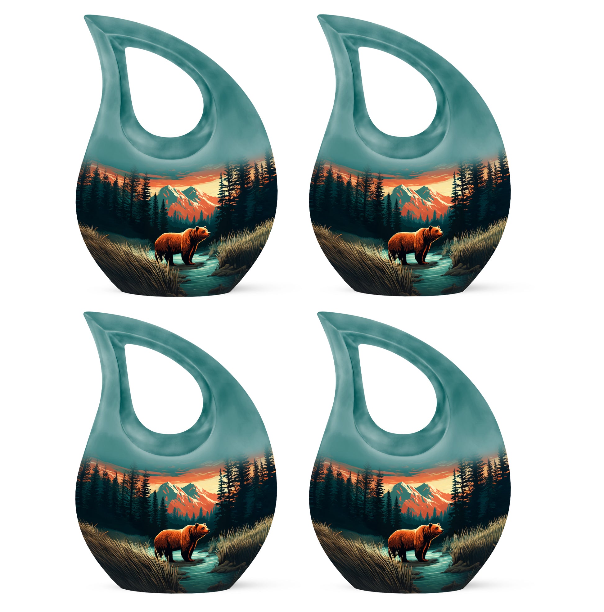 Aqua Teal Bear Cremation Urn lifestyle display on memorial shelf - faith-inspired cross-drop urn with bear pattern - 10 inch aluminum urn for cremated remains