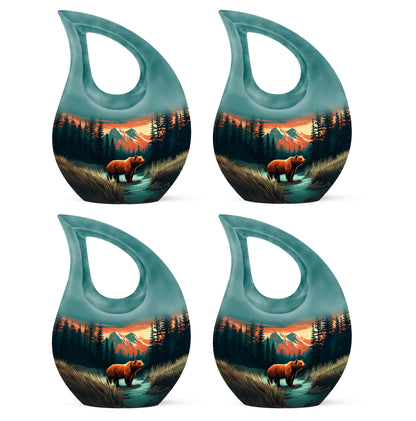 Aqua Teal Bear Cremation Urn lifestyle display on memorial shelf - faith-inspired cross-drop urn with bear pattern - 10 inch aluminum urn for cremated remains