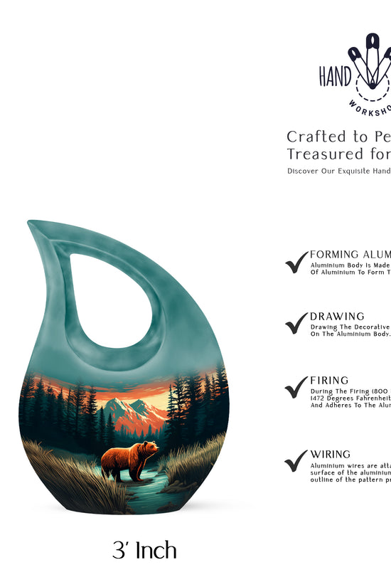 Aqua Teal Bear Cremation Urn back view with polished surface - faith-inspired cross-drop urn with bear pattern - mini keepsake memorial for portion of cremation ashes