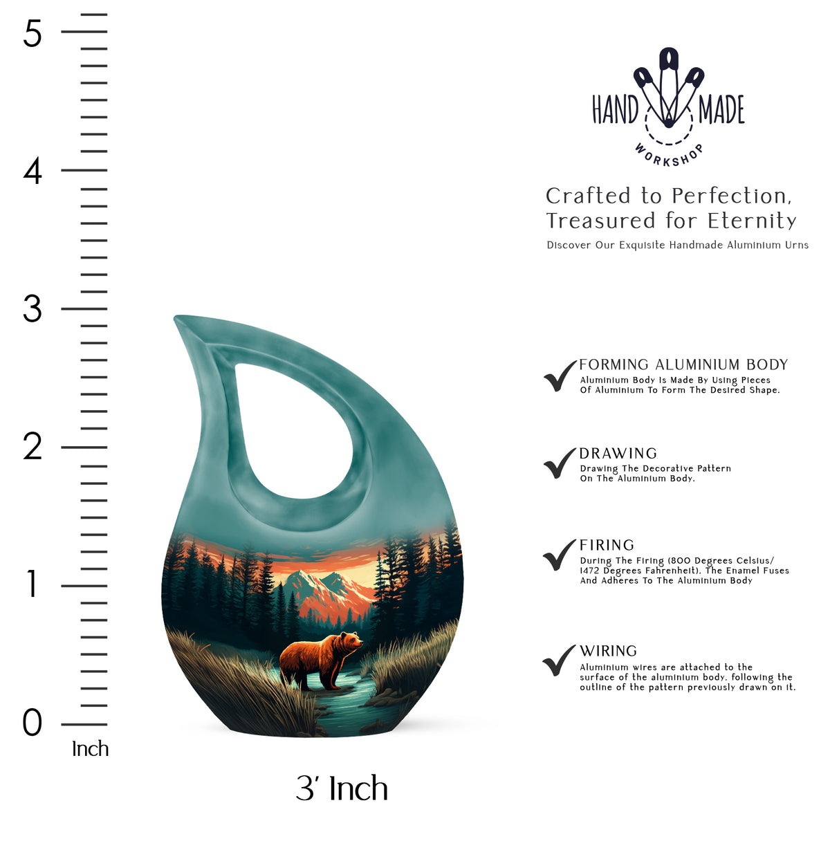 Aqua Teal Bear Cremation Urn back view with polished surface - faith-inspired cross-drop urn with bear pattern - mini keepsake memorial for portion of cremation ashes