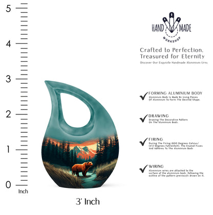 Aqua Teal Bear Cremation Urn back view with polished surface - faith-inspired cross-drop urn with bear pattern - mini keepsake memorial for portion of cremation ashes