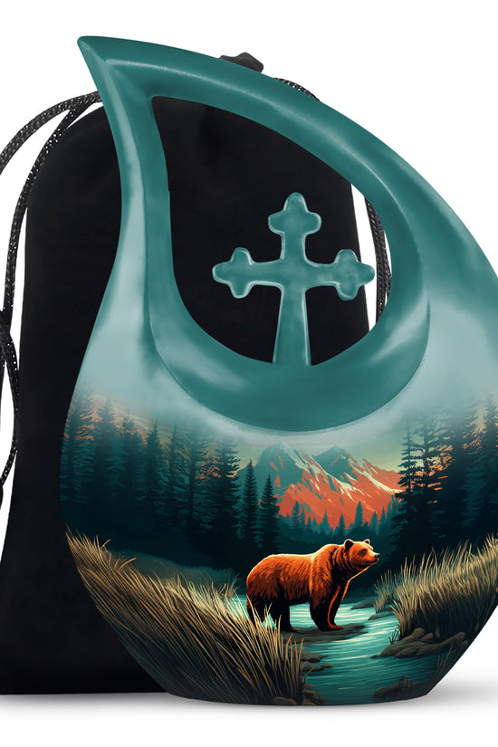 Vivid Teal Bear Cremation Urn top-down view of secure threaded lid - faith-inspired cross-drop urn with bear pattern - full-size 10 inch 200 cubic inch adult cremation urn
