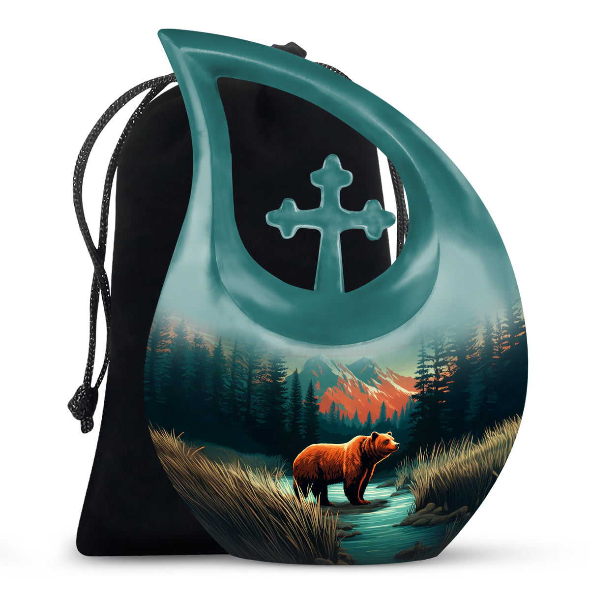 Vivid Teal Bear Cremation Urn top-down view of secure threaded lid - faith-inspired cross-drop urn with bear pattern - full-size 10 inch 200 cubic inch adult cremation urn
