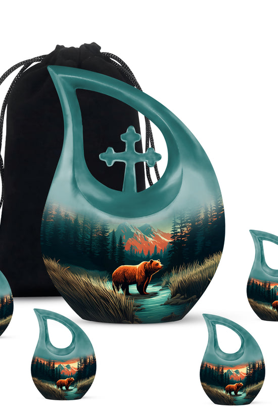 Aqua Teal Bear Cremation Urn urn with complimentary velvet bag - faith-inspired cross-drop urn with bear pattern - memorial set with one large and four small urns