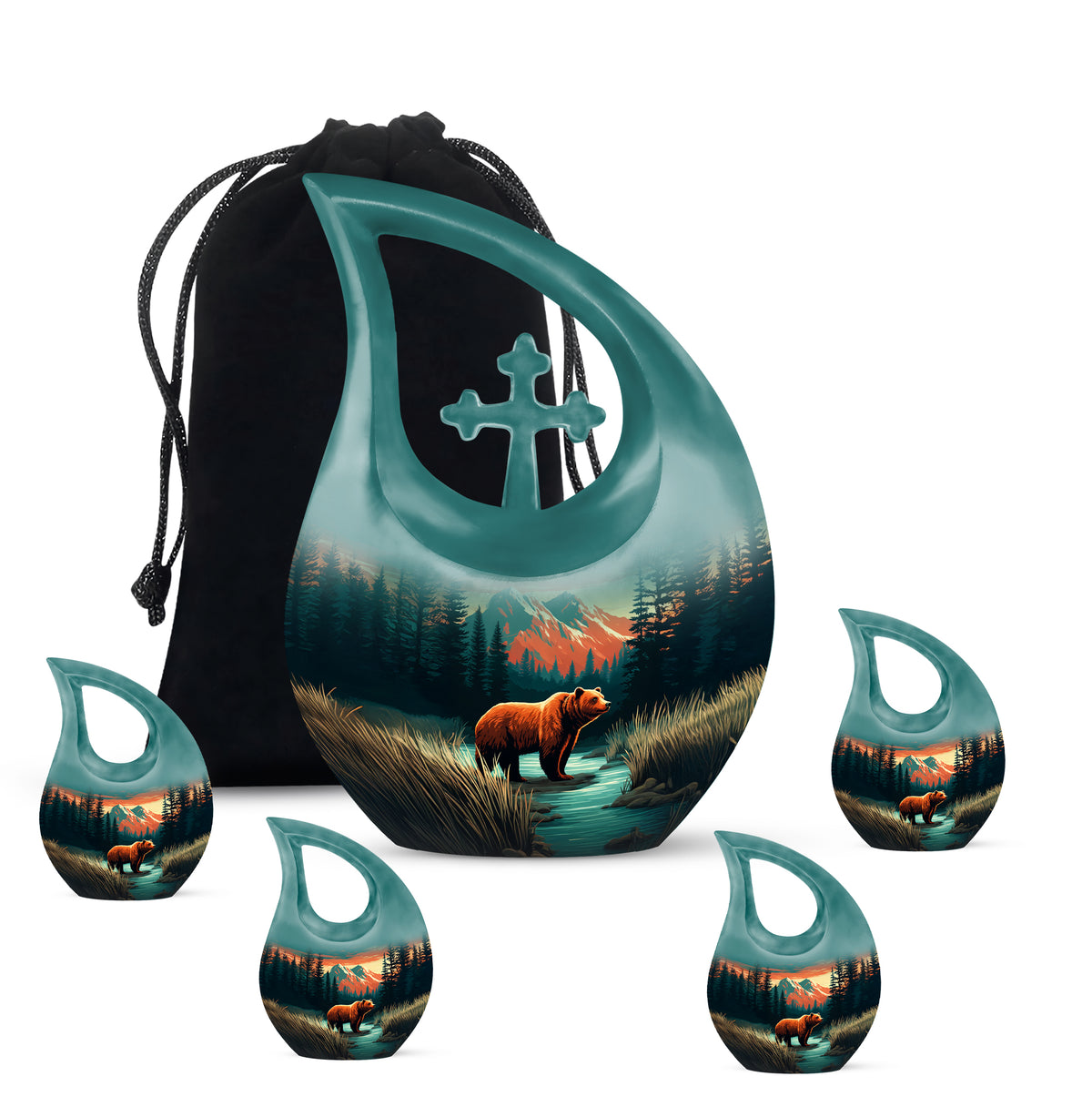 Aqua Teal Bear Cremation Urn urn with complimentary velvet bag - faith-inspired cross-drop urn with bear pattern - memorial set with one large and four small urns