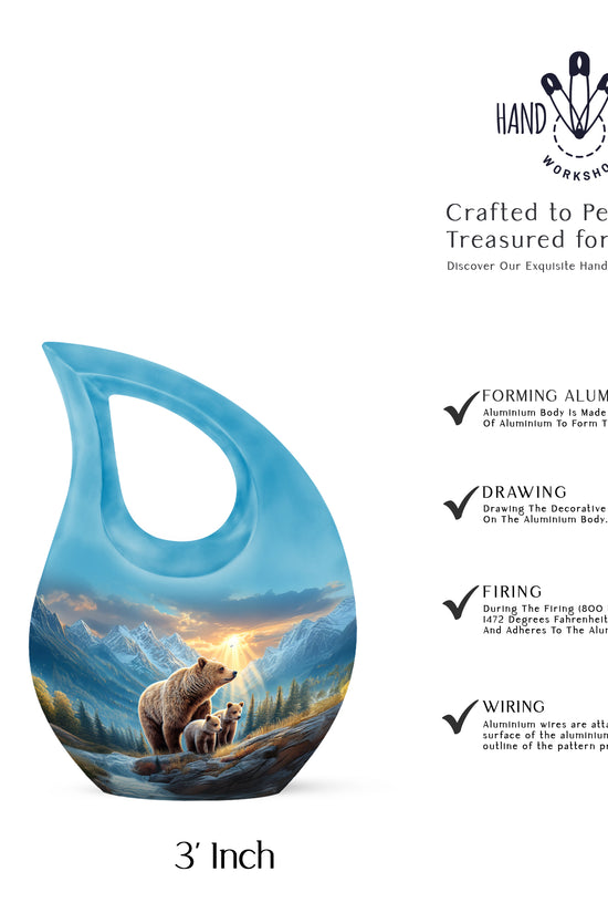 Pastel Blue Bear Cremation Urn back view with polished surface - cross and bear combined in spiritual memorial design - mini keepsake memorial for portion of cremation ashes