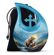 Vivid Blue Bear Cremation Urn top-down view of secure threaded lid - devotional cross-drop bear engraving - full-size 10 inch 200 cubic inch adult cremation urn