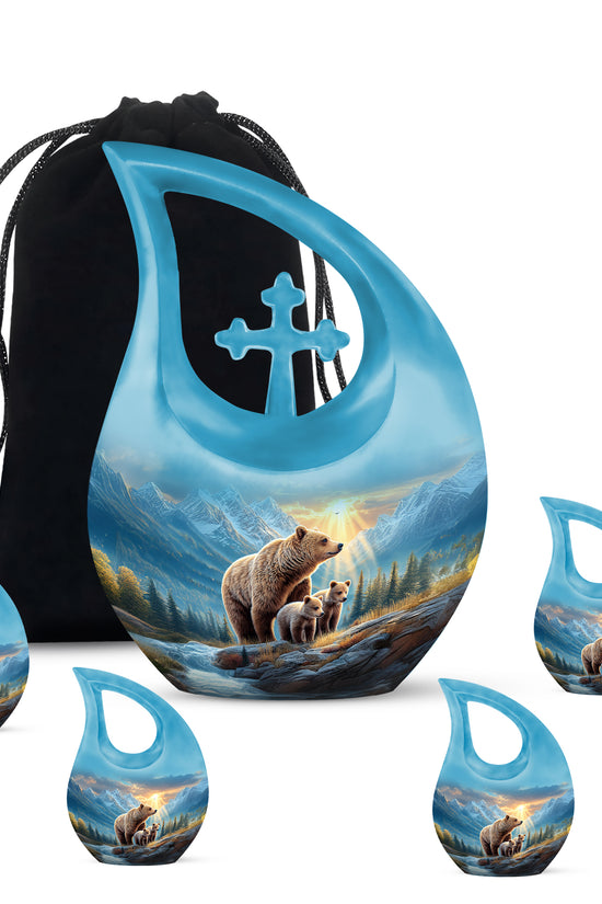 Misty Blue Bear Cremation Urn urn with complimentary velvet bag - sacred cross merged with bear motif on metal - memorial set with one large and four small urns