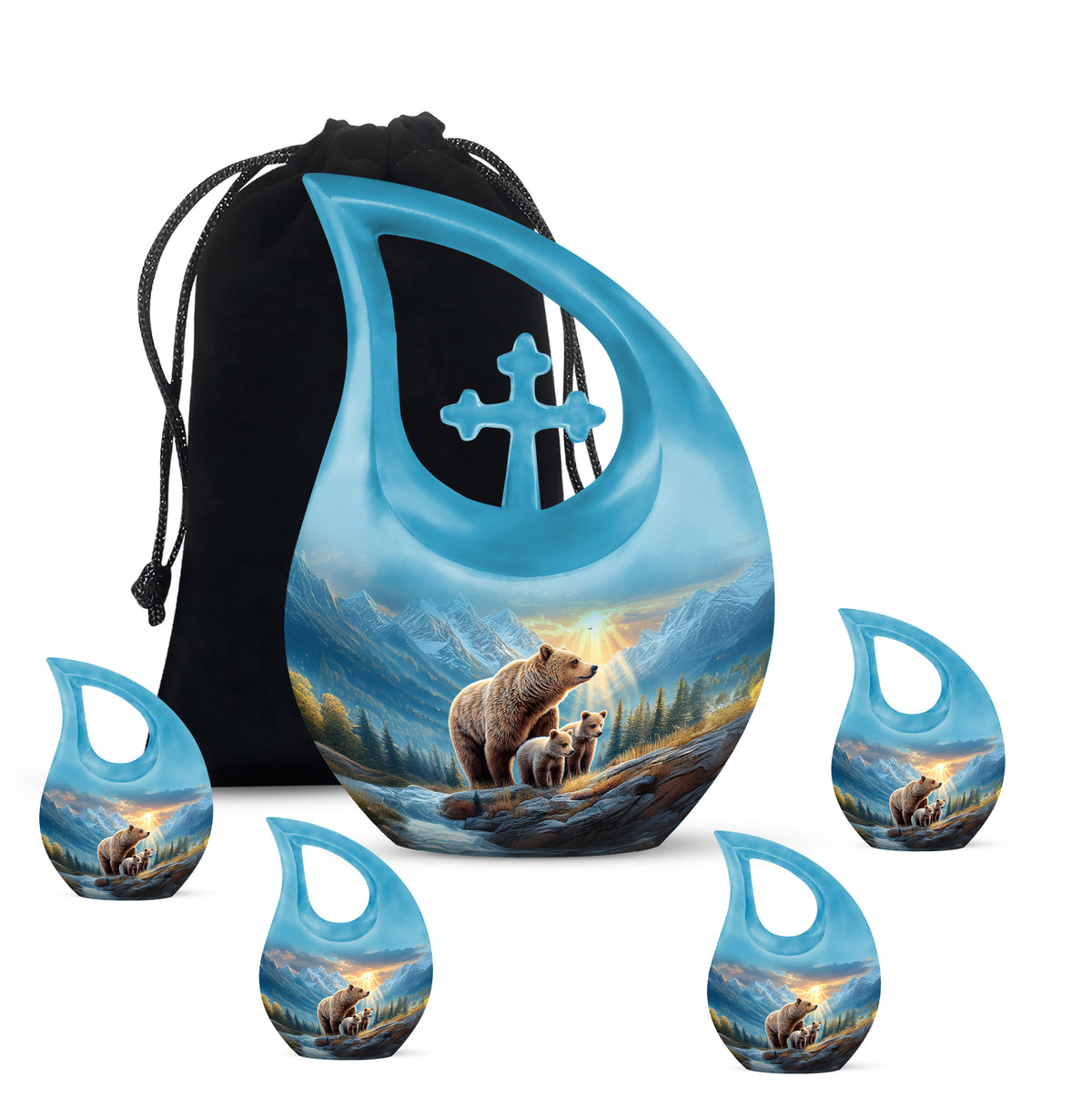Misty Blue Bear Cremation Urn urn with complimentary velvet bag - sacred cross merged with bear motif on metal - memorial set with one large and four small urns
