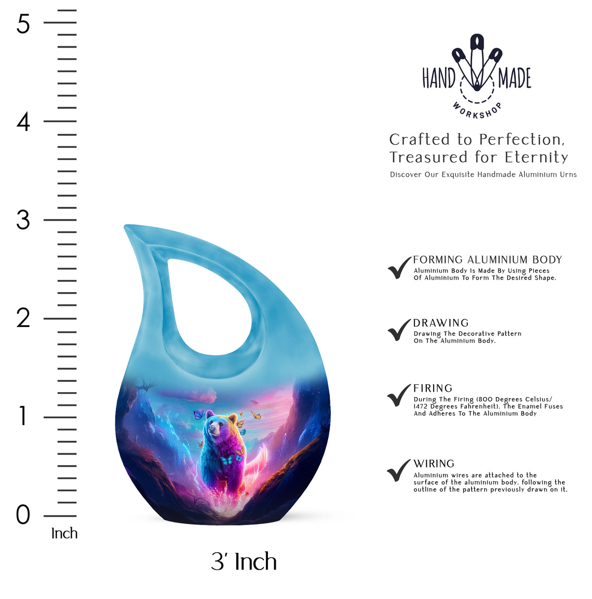 Slate Blue Bear Cremation Urn back view with polished surface - cross and bear combined in spiritual memorial design - mini keepsake memorial for portion of cremation ashes