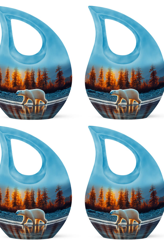 Twilight Blue Bear Cremation Urn lifestyle display on memorial shelf - faith-inspired cross-drop urn with bear pattern - 10 inch aluminum urn for cremated remains