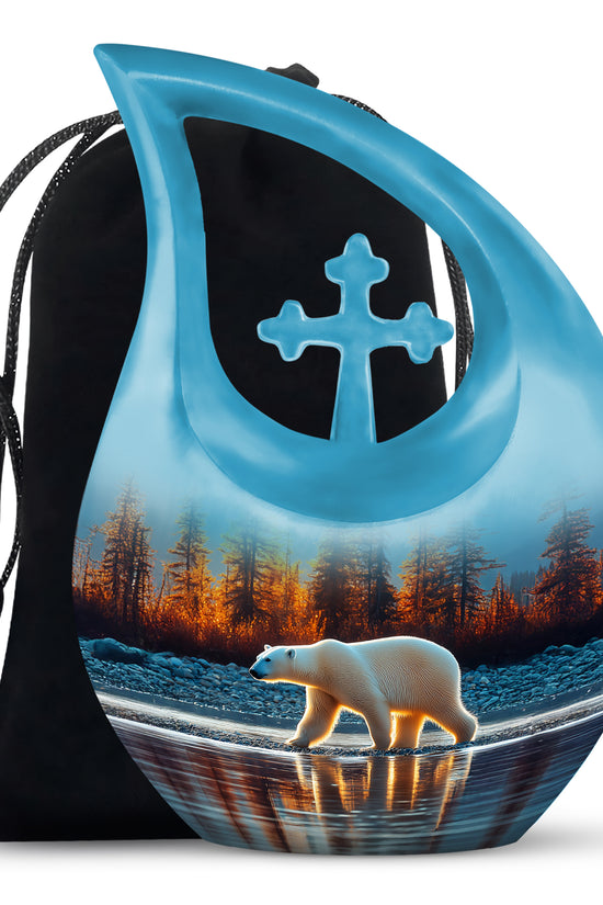 Sapphire Blue Bear Cremation Urn top-down view of secure threaded lid - devotional cross-drop bear engraving - full-size 10 inch 200 cubic inch adult cremation urn