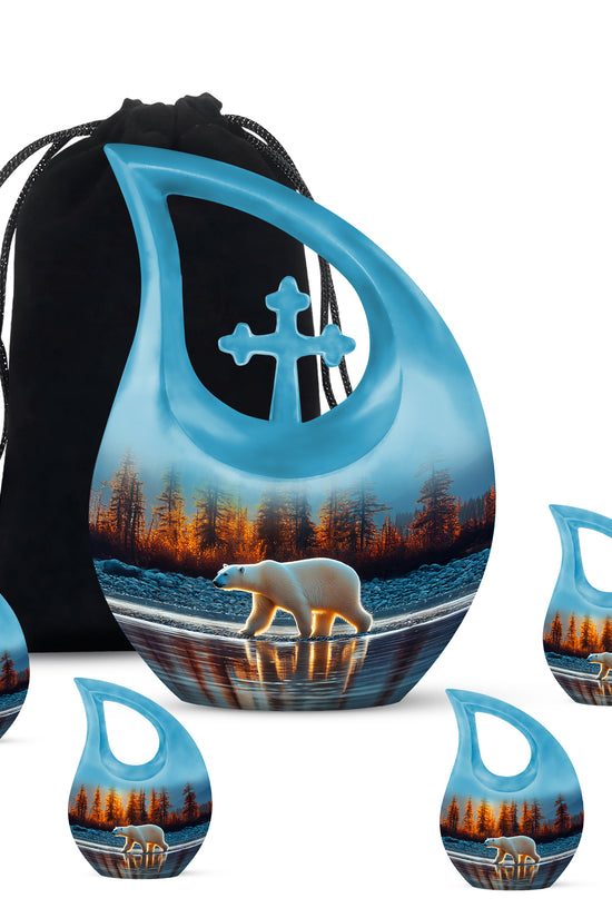 Cornflower Blue Bear Cremation Urn urn with complimentary velvet bag - devotional cross-drop bear engraving - memorial set with one large and four small urns