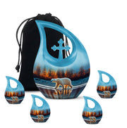 Cornflower Blue Bear Cremation Urn urn with complimentary velvet bag - devotional cross-drop bear engraving - memorial set with one large and four small urns