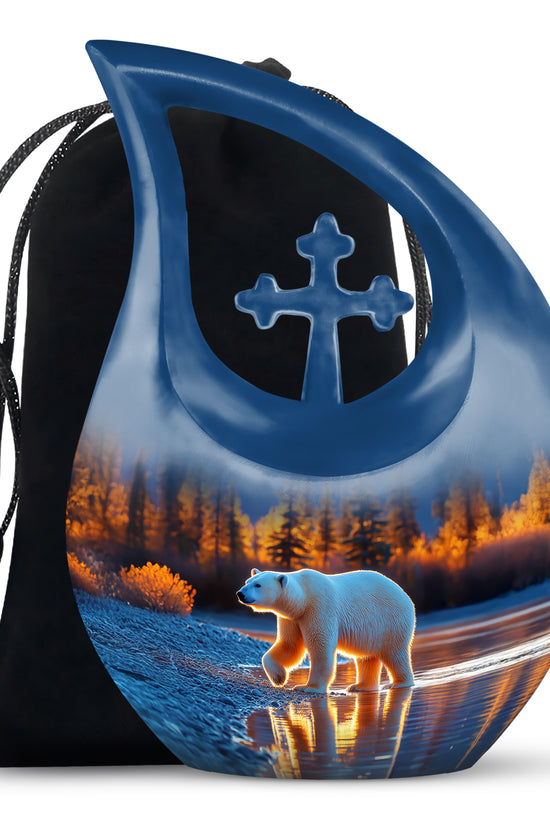 Cobalt Blue Bear Cremation Urn top-down view of secure threaded lid - devotional cross-drop bear engraving - full-size 10 inch 200 cubic inch adult cremation urn