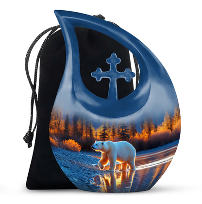 Cobalt Blue Bear Cremation Urn top-down view of secure threaded lid - devotional cross-drop bear engraving - full-size 10 inch 200 cubic inch adult cremation urn
