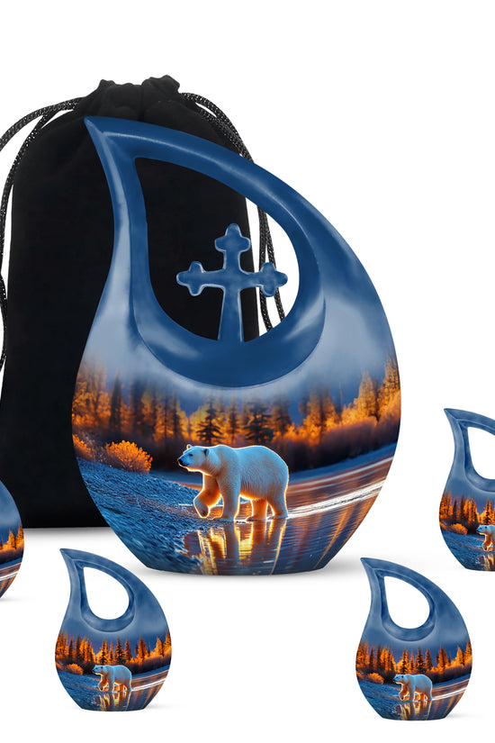 Dusty Blue Bear Cremation Urn urn with complimentary velvet bag - sacred cross merged with bear motif on metal - memorial set with one large and four small urns