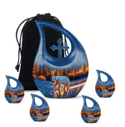 Dusty Blue Bear Cremation Urn urn with complimentary velvet bag - sacred cross merged with bear motif on metal - memorial set with one large and four small urns