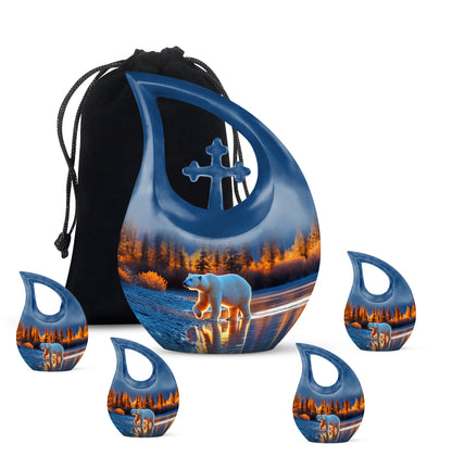 Dusty Blue Bear Cremation Urn urn with complimentary velvet bag - sacred cross merged with bear motif on metal - memorial set with one large and four small urns