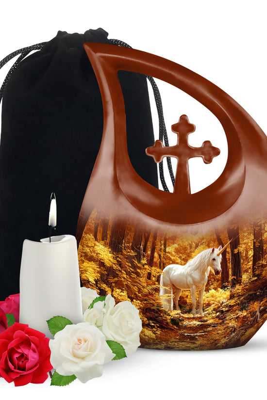 White Unicorn Cremation Urn - Autumn Forest Urn For Human Ashes