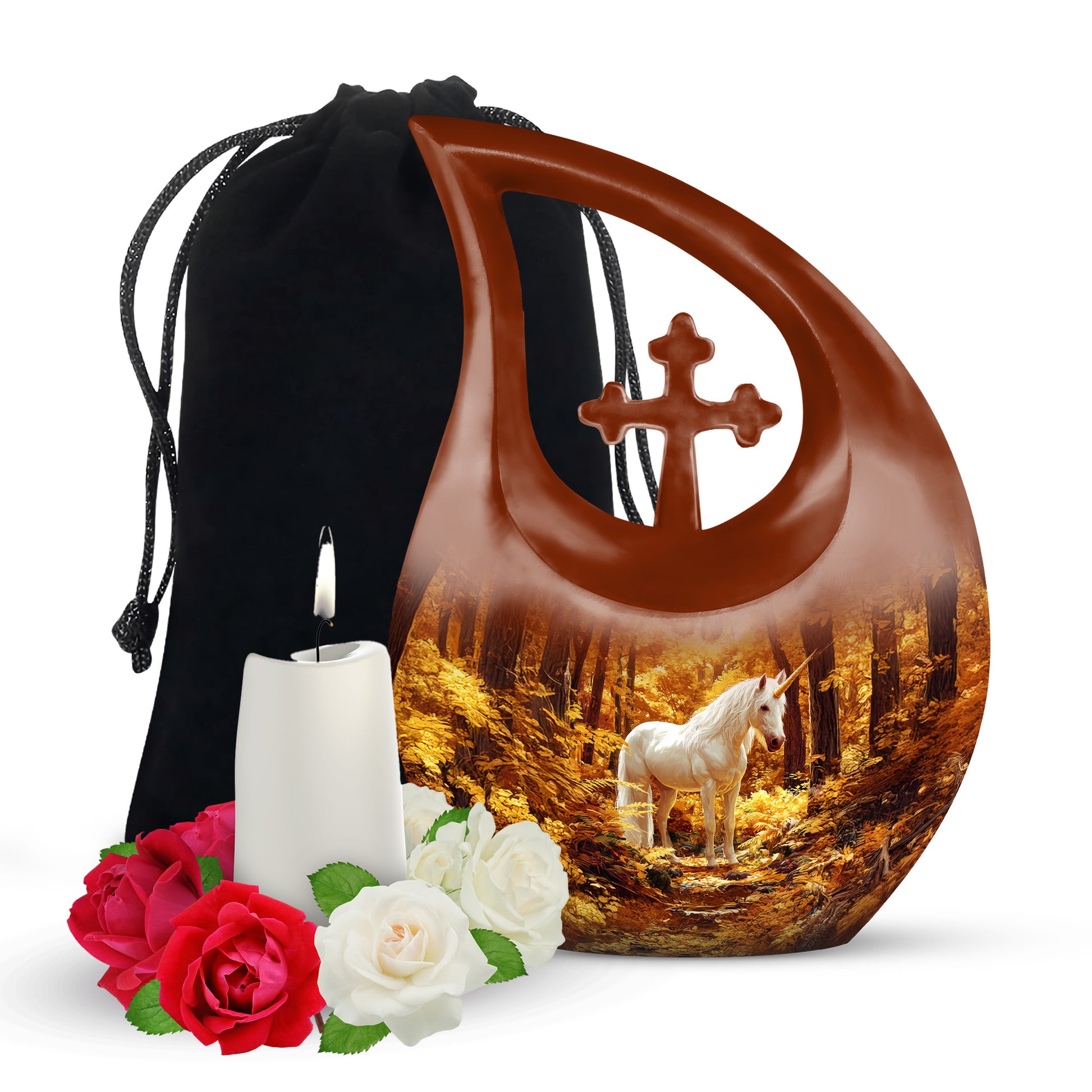 White Unicorn Cremation Urn - Autumn Forest Urn For Human Ashes