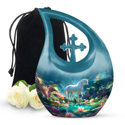 White Unicorn Theme Memorial Urn - Large Funeral Urn For Loved Ones