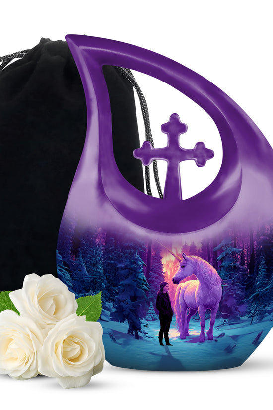 Unicorn Theme Memorial Urn - Purple Aluminium Funeral Urn For Ashes