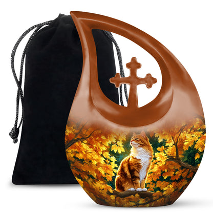 Autumn Golden Cat Memorial Urn - Decorative Funeral Urn For Adult Ashes