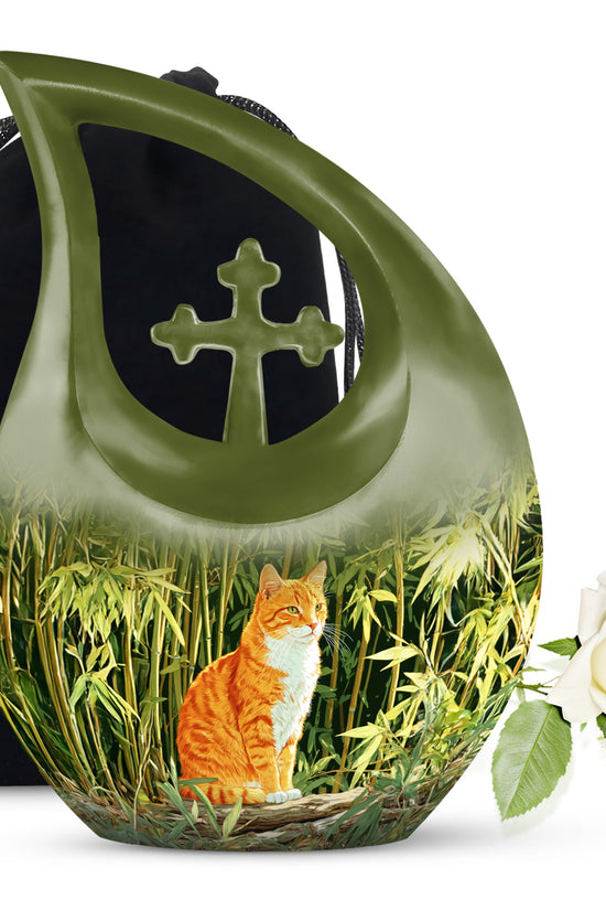 Orange Cat Cremation Urn - Nature Bamboo Design Memorial Urn For Cat Ashes