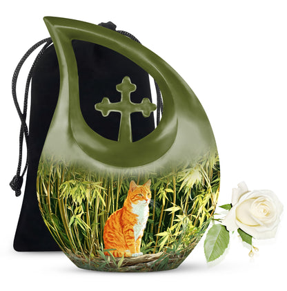 Orange Cat Cremation Urn - Nature Bamboo Design Memorial Urn For Cat Ashes