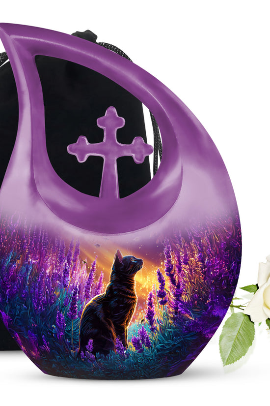 Black Cat Memorial Urn - Lavender Field Cremation Urn For Pet Ashes